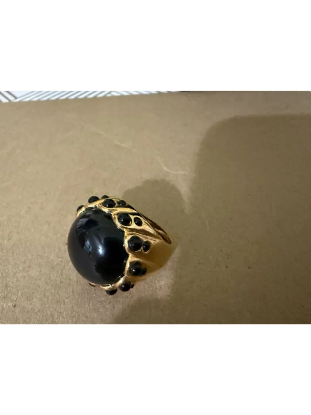 J Crew Adjustable Gold-Tone Ring Large Black Cabochon Statement Cocktail Sz 6-7